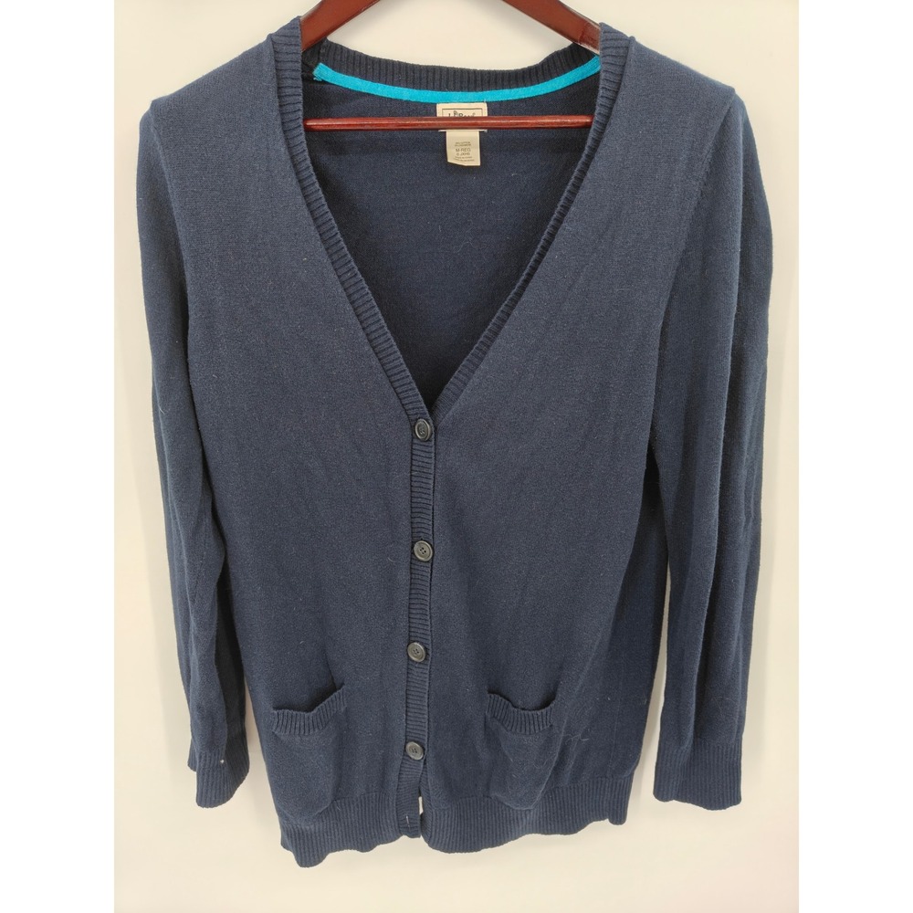 LL Bean Womens Navy Blue Cotton Cashmere V-Neck Button Front Cardigan Sweater M